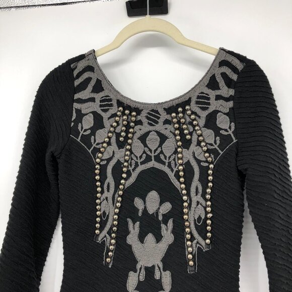 Free people Black textured “Looking for a  Stud” studded 3/4 sleeve mini dress - Picture 4 of 16